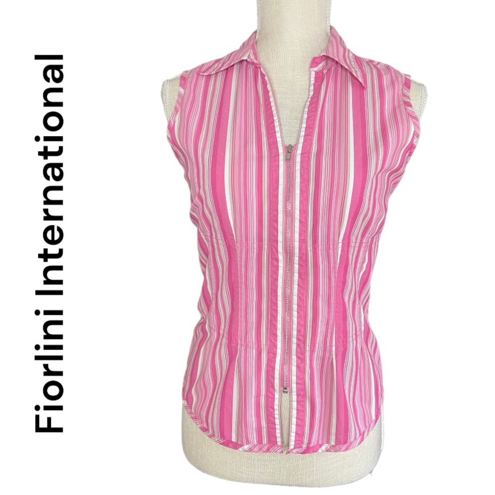 FIORLINI INTERNATIONAL Pink White Stripe Zip Front Sleeveless Top Small